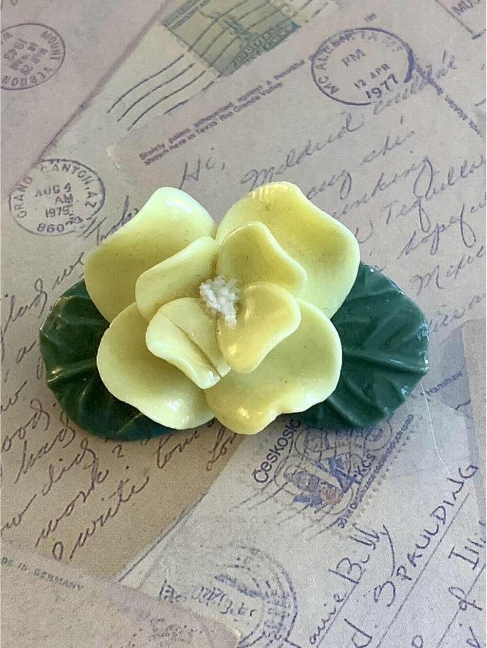 Vintage Glazed Ceramic Yellow Magnolia Floral Pin Retro Botanical Brooch